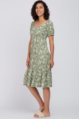 Light Olive Floral Midi Dress