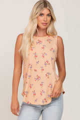 Peach Floral Ribbed Sleeveless Top