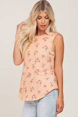 Peach Floral Ribbed Sleeveless Top