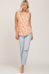 Peach Floral Ribbed Sleeveless Top