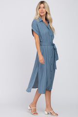 Navy Striped Button Down Waist Tie Midi Dress