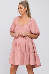 Pink Textured Dot Ruffle Tiered Maternity Dress