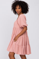 Pink Textured Dot Ruffle Tiered Dress