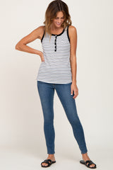 Black Striped Ribbed Button Front Tank Top