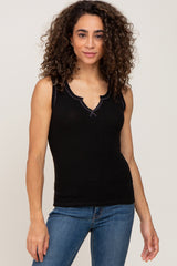 Black Ribbed Split Neck Tank Top