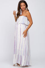 Lavender Striped Flounce Strapless Maternity Maxi Dress