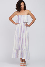 Lavender Striped Flounce Strapless Maxi Dress