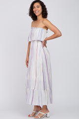 Lavender Striped Flounce Strapless Maxi Dress