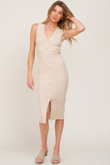 Beige Ribbed Knit Button Accent Midi Dress