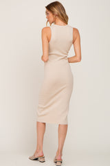 Beige Ribbed Knit Button Accent Midi Dress