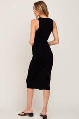 Black Ribbed Knit Button Accent Midi Dress