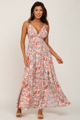 Peach Paisley Deep V-Neck Maxi Dress