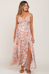 Peach Paisley Deep V-Neck Maternity Maxi Dress