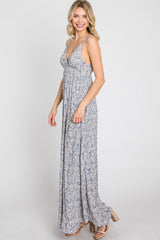 Blue Printed Sleeveless Maxi Dress