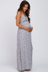 Blue Printed Sleeveless Maternity Maxi Dress