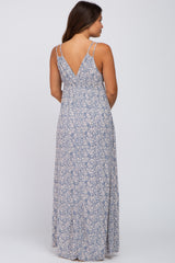 Blue Printed Sleeveless Maternity Maxi Dress