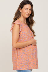 Peach Floral Ruffle Cap Sleeve Maternity Top