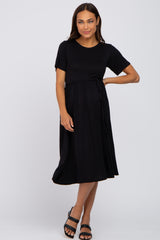 Black Short Sleeve Waist Tie Maternity Midi Dress