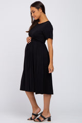 Black Short Sleeve Waist Tie Maternity Midi Dress