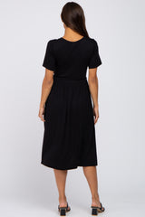 Black Short Sleeve Waist Tie Maternity Midi Dress