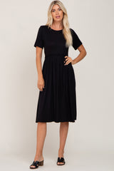 Black Short Sleeve Waist Tie Midi Dress