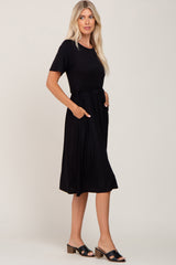 Black Short Sleeve Waist Tie Midi Dress