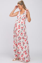 Ivory Floral Waist Tie Maternity Maxi Dress