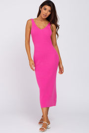 Fuchsia V-Neck Scoop Back Sleeveless Sweater Midi Dress