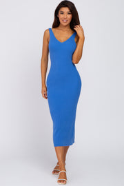 Royal Blue V-Neck Scoop Back Sleeveless Sweater Midi Dress