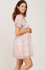 White Floral Chiffon Square Neck Puff Sleeve Maternity Dress