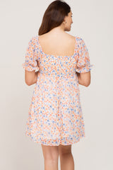 White Floral Chiffon Square Neck Puff Sleeve Maternity Dress