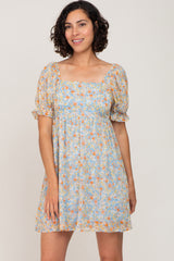 Blue Floral Chiffon Square Neck Puff Sleeve Dress