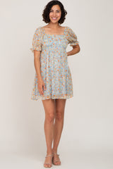 Blue Floral Chiffon Square Neck Puff Sleeve Dress