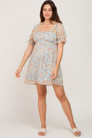 Blue Floral Chiffon Square Neck Puff Sleeve Maternity Dress