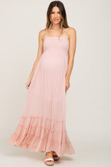 Light Pink Halter Smocked Maternity Maxi Dress