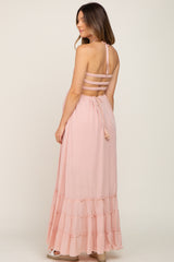 Light Pink Halter Smocked Maternity Maxi Dress