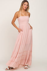 Light Pink Halter Smocked Maternity Maxi Dress