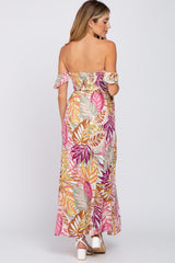 Multi-Color Tropical Leaf Smocked Off Shoulder Side Cutout Maternity Maxi Dress