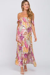 Multi-Color Tropical Leaf Smocked Off Shoulder Side Cutout Maternity Maxi Dress