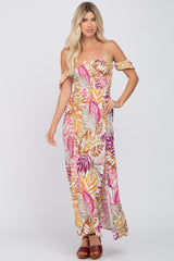 Multi-Color Tropical Leaf Smocked Off Shoulder Side Cutout Maxi Dress