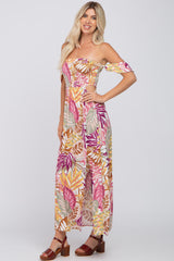 Multi-Color Tropical Leaf Smocked Off Shoulder Side Cutout Maxi Dress