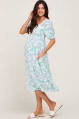 Mint Green Floral Cinched Bust Maternity Midi Dress