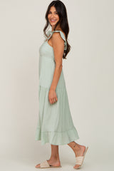 Mint Green Textured Stripe Squared Neck Tiered Midi Dress