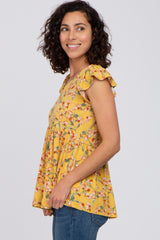 Yellow Floral Ribbed Ruffle Sleeve Top