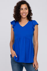 Royal Blue Ribbed Ruffle Sleeve Top