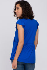 Royal Blue Ribbed Ruffle Sleeve Top