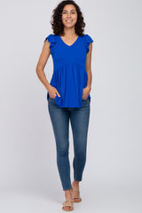 Royal Blue Ribbed Ruffle Sleeve Top