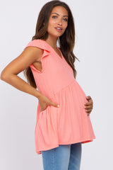 Coral Ribbed Ruffle Sleeve Maternity Top