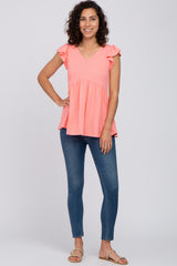 Coral Ribbed Ruffle Sleeve Top