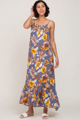 Navy Blue Tropical Floral Maternity Maxi Dress